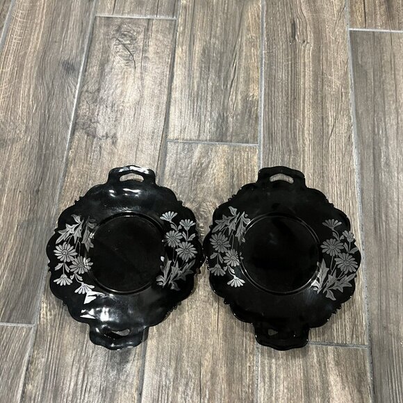 L.E. Smith Mt. Pleasant Black Amethyst Glass Serving Plate Dish Daisy 2 Handles - Picture 2 of 5